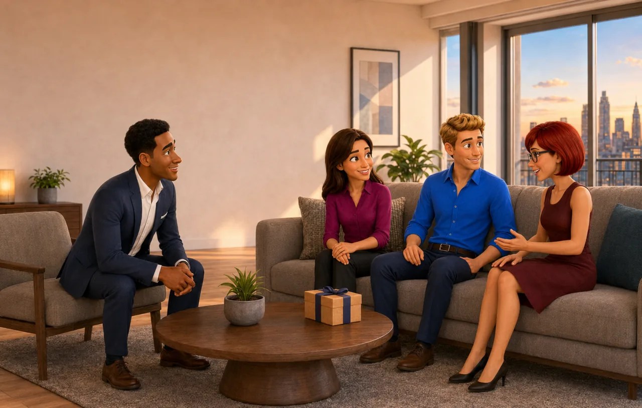 Quatro personagens da United conversam em uma sala com vista para Nova York