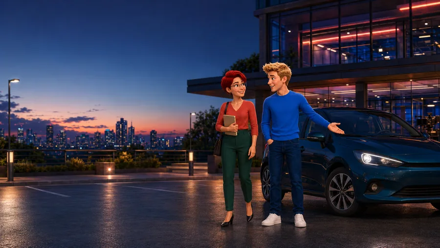 Dois personagens conversam ao lado de um carro com a cidade ao fundo