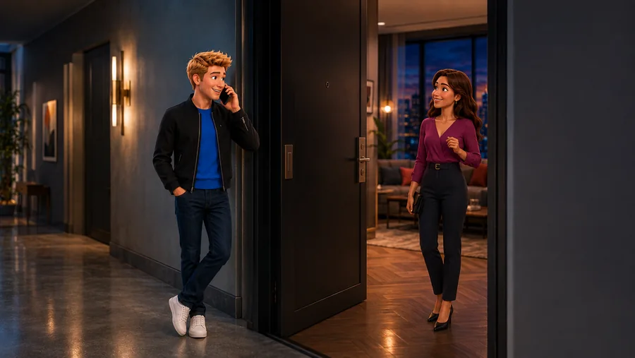 Uma personagem abre a porta para receber o amigo