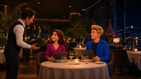 O garçom atende os personagens à mesa do restaurante