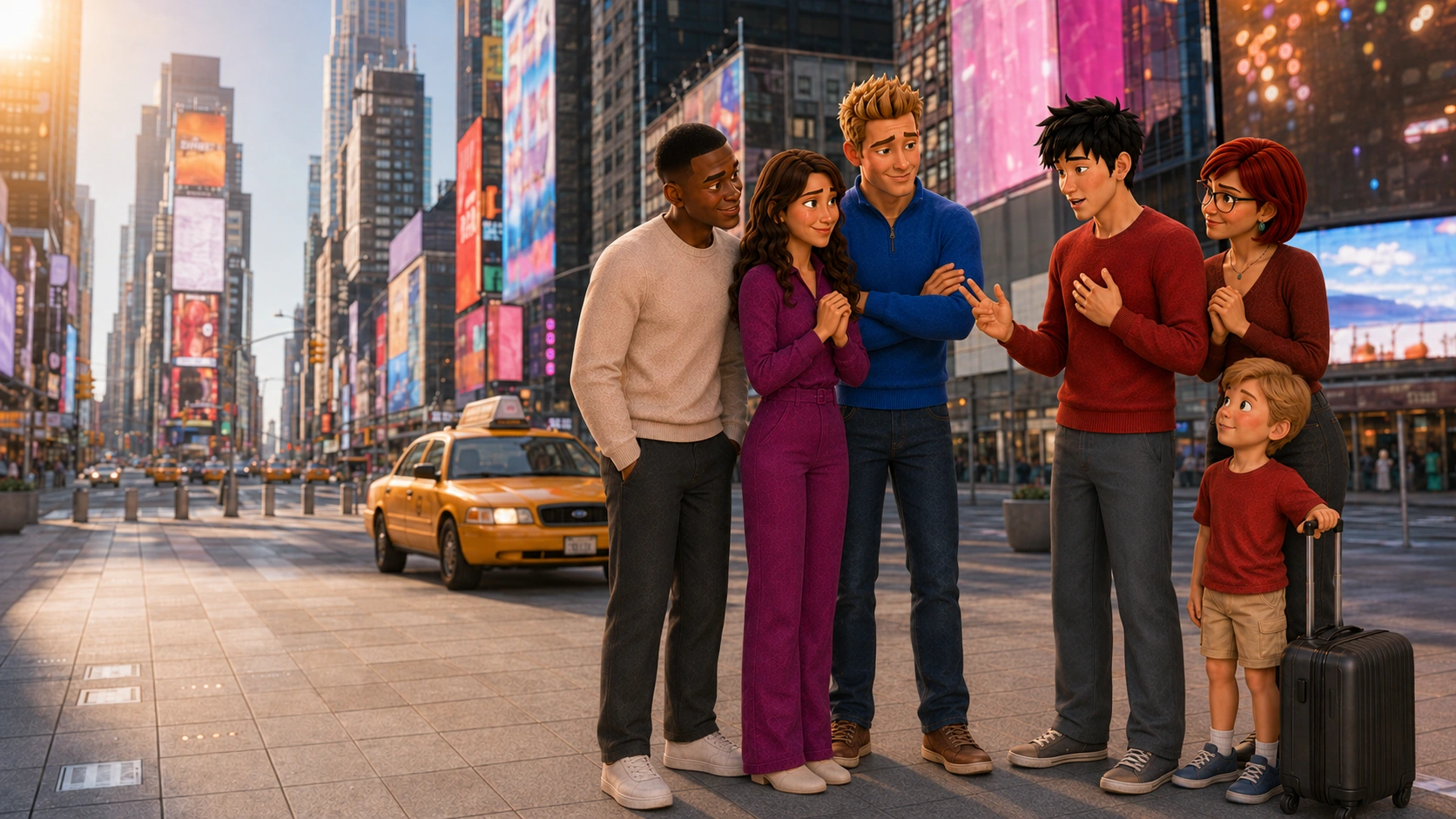 Personagens 3D da United conversando em Nova York