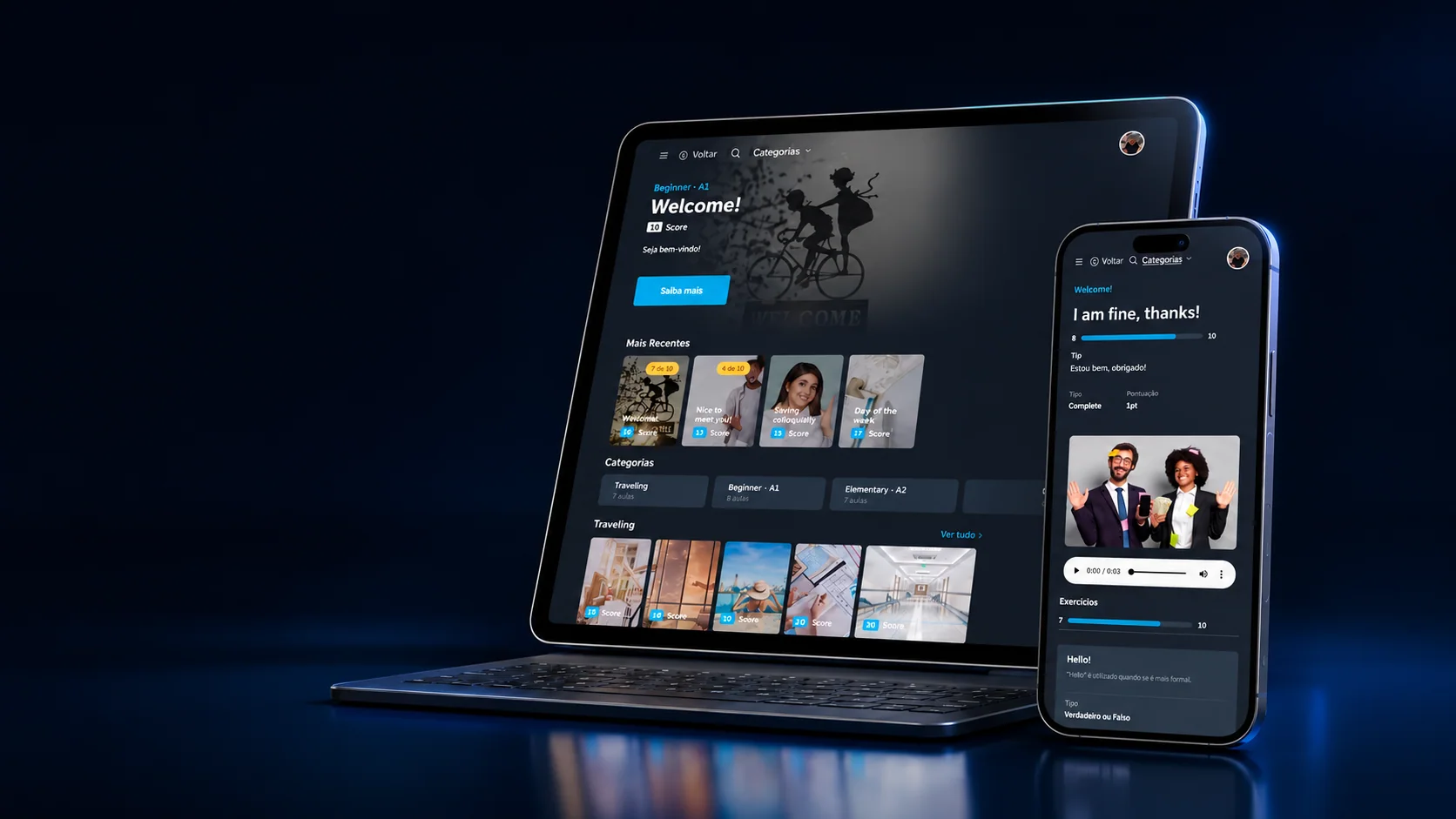 United OnDemand em um tablet com teclado e um celular, com atividades e exercícios interativos