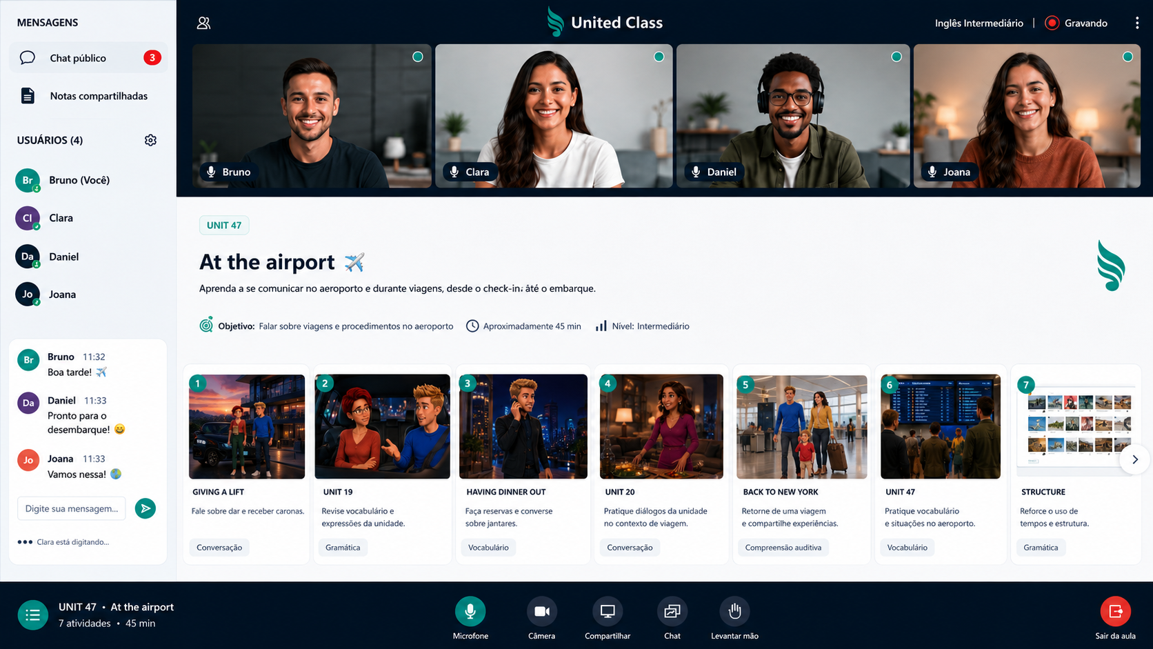 Tela original United Class: participantes, chat e atividades da unidade At the airport