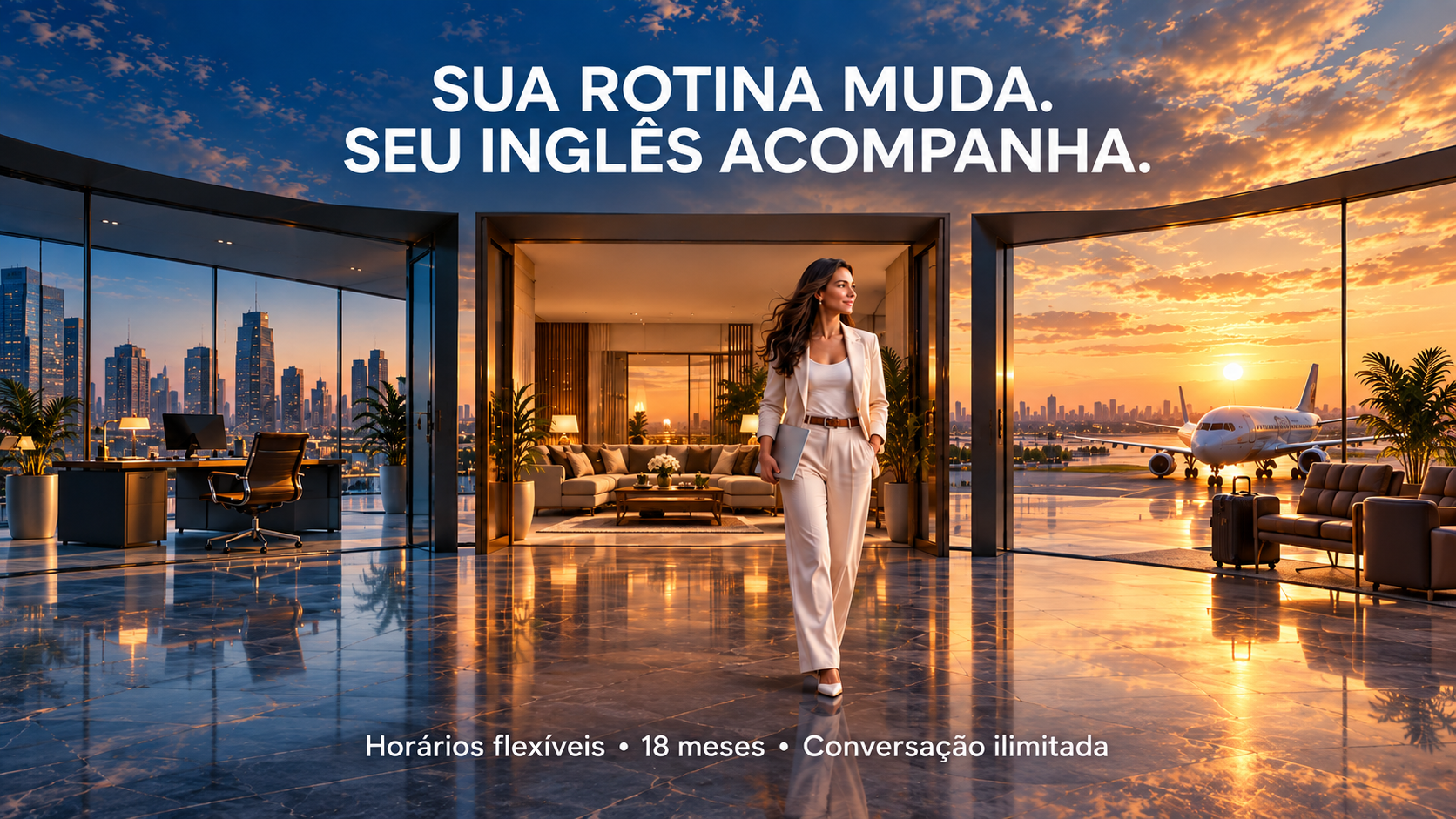 Mesma aluna entre trabalho, casa e viagem. Horários flexíveis, 18 meses, conversação ilimitada.